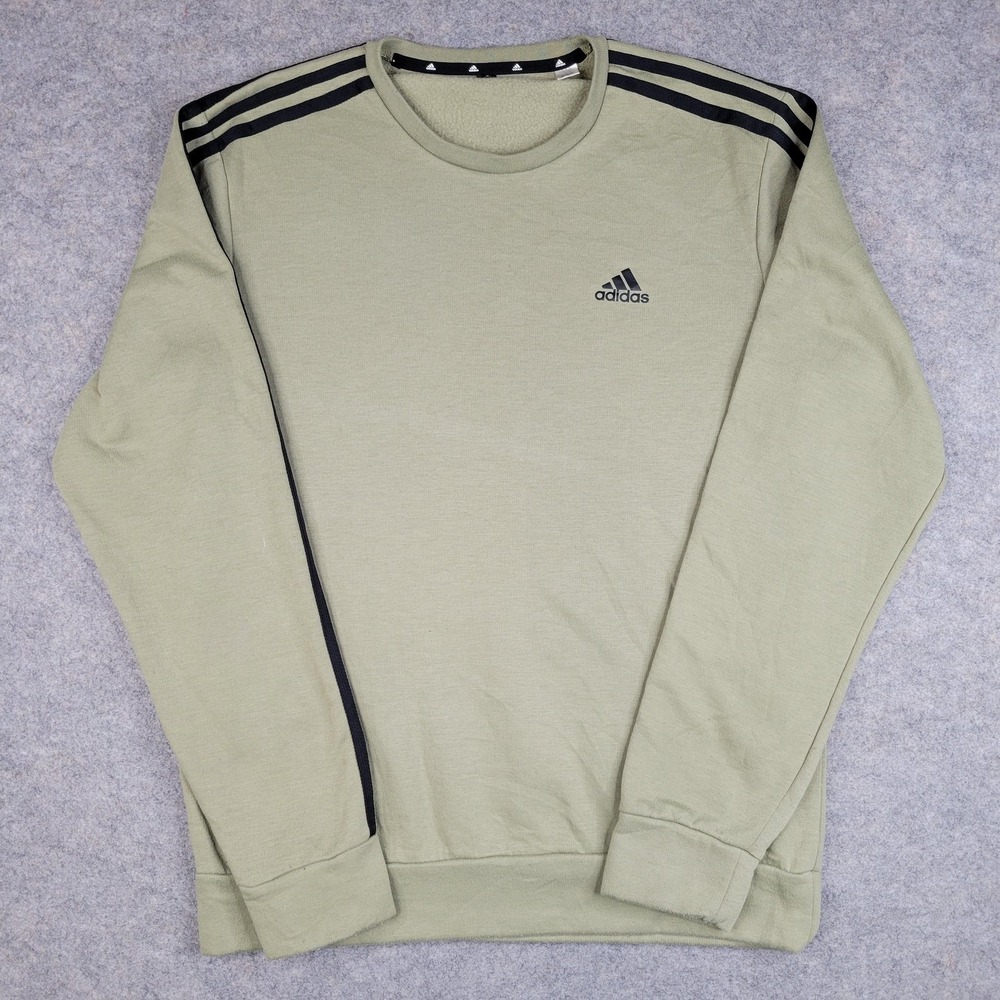Adidas Sweatshirt Mens Medium Green Fleece Pullover Crewneck 3-Stripes H44049